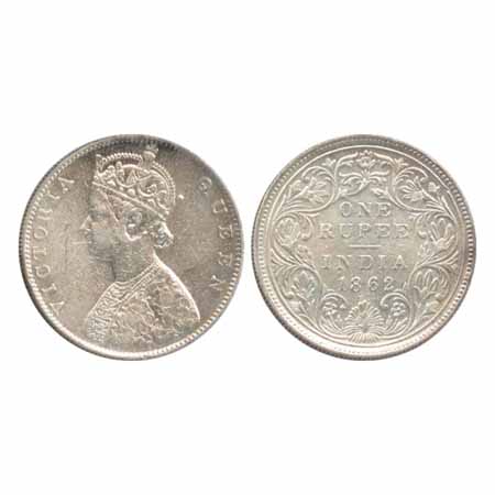Victoria Queen, Silver Rupee, 1862, Bombay Mint, 5 Panels, 4 Pineapple type. (Unlisted in 