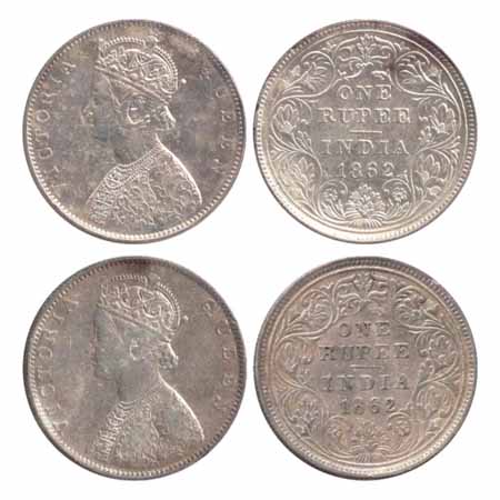 Victoria Queen, Silver Rupees (2), 1862, Bombay Mint, 5 Panels, 1st with thick flower abov