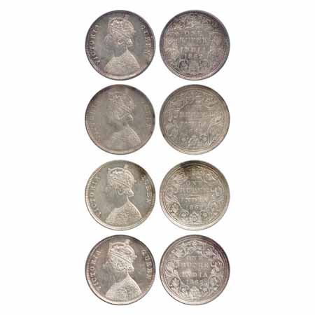 Victoria Queen, Silver Rupees (4), 1862, Calcutta Mint, A/I/0/0 with crescent (PR 66), Bom