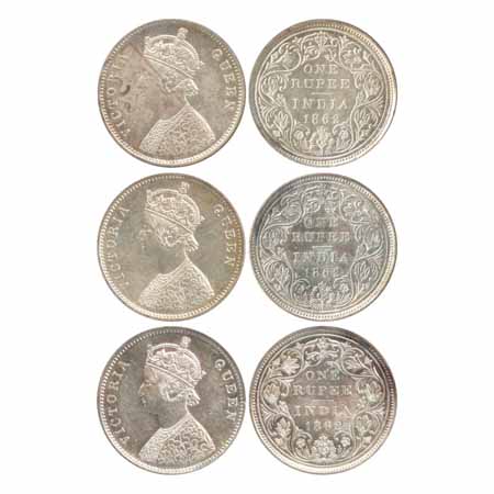 Victoria Queen, Silver Rupees (3), 1862, Bombay Mint, A/II/0/6, (PR 86), first coin with c