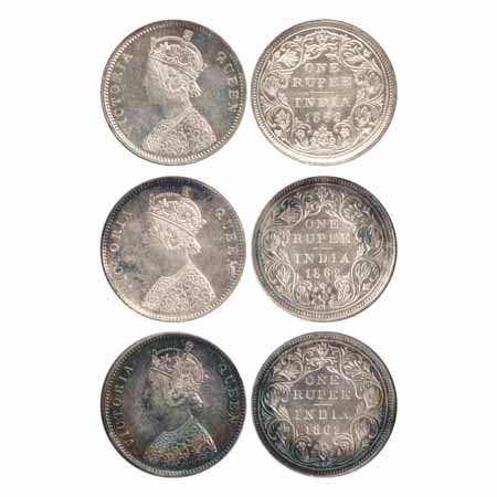 Victoria Queen, Silver Rupees (3), 1862, Bombay Mint, A/II/0/7, (PR 87), first coin with c