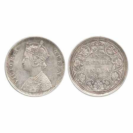 Victoria Queen, Silver Rupee, 1862, Bombay Mint, A/II/0/8, pattern of dots positions diffe