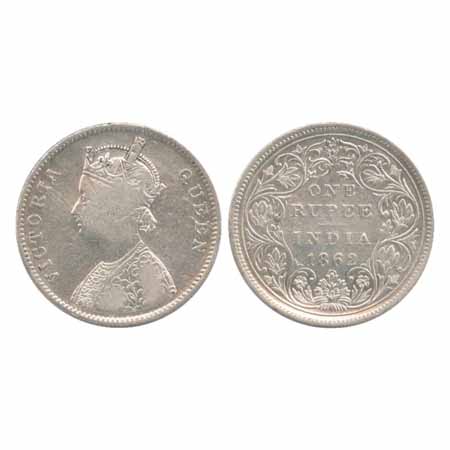 Victoria Queen, Silver Rupee, 1862, Bombay Mint, A/II/1/7, top dot in top flower (PR 91). 