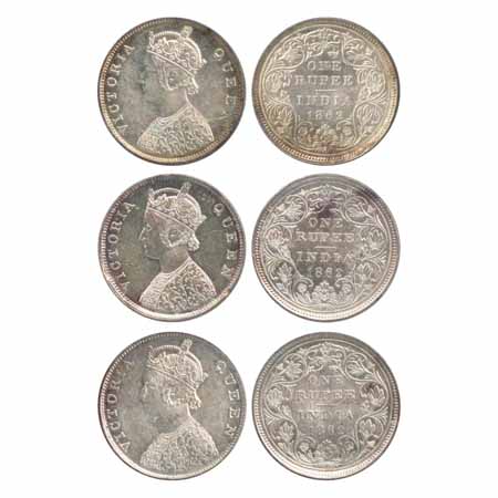 Victoria Queen, Silver Rupees (3), 1862, Madras Mint, B/II/0/0, elongated pearls. (PR 57).