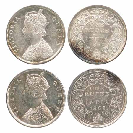 Victoria Queen, Silver Rupees (2), 1862, Calcutta Mint, B/II(c)/0/0, One pineapple type (P