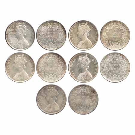 Victoria Queen, Silver Rupees (5), 1862, Bombay Mint, B/II/1/0, (2) (PR 69), B/II/2/0, (2)