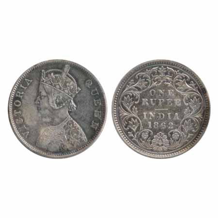 Victoria Queen, Silver Rupee, 1862, Calcutta Mint, B/III/0/0. (PR 60) Very Fine +, Rare.