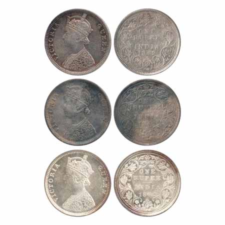 Victoria Queen, Silver Rupees (3), 1862, Bombay Mint, C/I/1/2 (PR 104) and C/II/1/2. (2) (