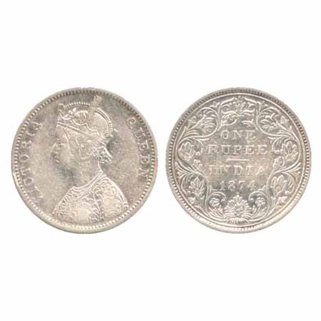 Victoria Queen, Silver, Rupee, 1874, Bombay Mint, A2/II/dot, (PR 143). Very Fine, Very Rar
