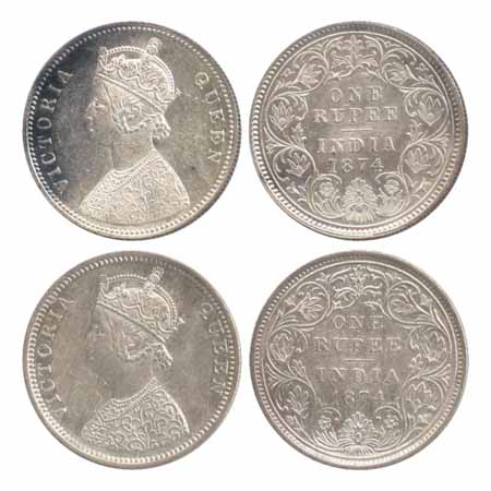 Victoria Queen, Silver Rupees (2), 1874, Calcutta Mint, A1/I/no mm (PR 112), second coin B