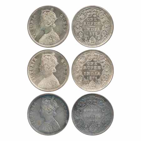 Victoria Queen, Silver Rupees (3), 1875, Bombay Mint, A2/II/no dot (PR 145), second coin 1