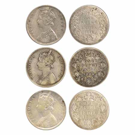 Victoria Queen / Empress, Silver Rupees (3), 1876, Bombay Mint, A5/II/dot, 1885 A3/II/'B' 