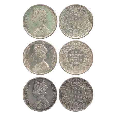 Victoria Empress, Silver Rupees (3), 1883, Bombay Mint, A3/I/dot (PR162), A3/I/'B' raised 