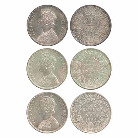 Victoria Empress, Silver Rupees (3), 1884, Calcutta Mint, A1/I/'C' incused (PR 123), Bomba