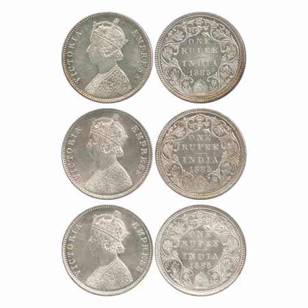 Victoria Empress, Silver Rupees (3), 1885, Bombay Mint, A3/II(i)/'B' raised (3) (PR 168), 