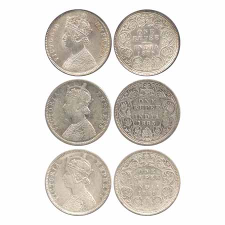Victoria Empress, Silver Rupees (3), 1885, Calcutta Mint, A1/I/'C' incused (PR 124), Bomba