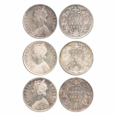 Victoria Empress, Silver Rupees (3), 1892, Bombay Mint, C/I/'B' raised (2), first small 'B