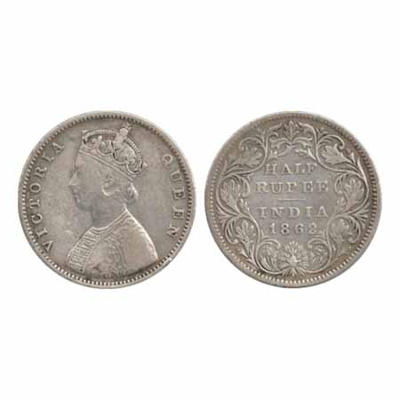 Victoria Queen, Silver ½ Rupee 1862, Calcutta Mint, C/II (PR 252). About Very Fine, Scarce