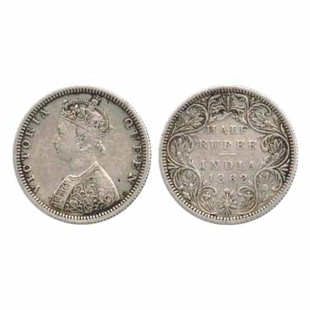 Victoria Queen, Silver ½ Rupee, 1862, Madras Mint, B2/II, (PR 259). Very Fine, Rare.