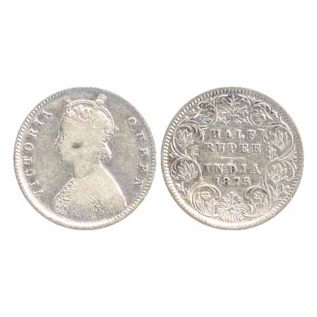 Victoria Queen, Silver, ½ Rupee, 1875, Calcutta Mint, A/I/no mm, (PR 260). About Very Fine