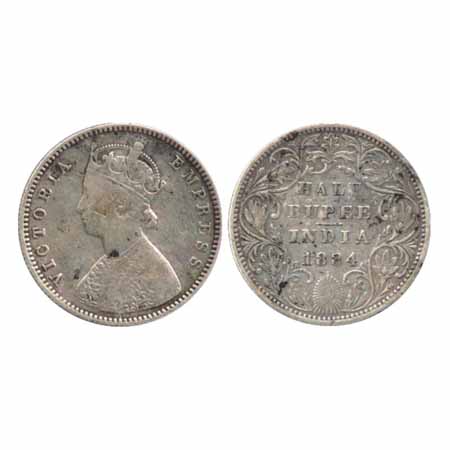 Victoria Empress, Silver, ½ Rupee, 1884, Bombay Mint, A/I/dot, (PR 292). About Very Fine, 