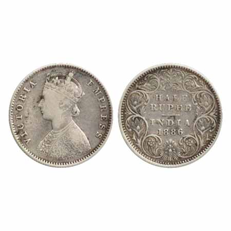 Victoria Empress, Silver ½ Rupee, 1886, Calcutta Mint, A/I/'C' incused (PR 270). About Ver