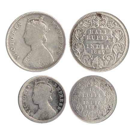 Victoria Empress, (2) Silver ½ Rupee and ¼ Rupee, 1887 and 1881, Calcutta Mint, (PR 271, 3