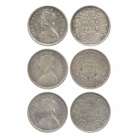 Victoria Empress, Silver ½ Rupee (3), 1892, 1893 and 1894, all Bombay Mint, A/I/'B' incuse