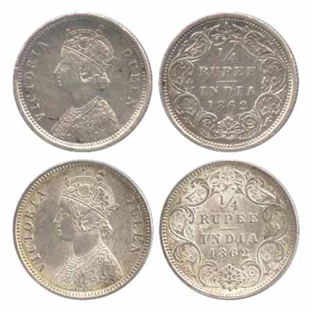 Victoria Queen, Silver ¼ Rupees (2), 1862, Bombay Mint, A/I (PR 377), Calcutta Mint, A/I (
