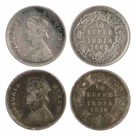 Victoria Queen, Silver ¼ Rupees (2), 1862, Bombay Mint, A/I (PR 377), 1876, Calcutta Mint,