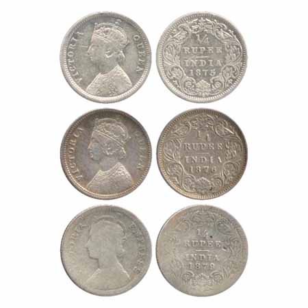Victoria Queen / Empress, Silver ¼ Rupees (3), 1875, Bombay Mint, A/I/no mm (PR 406), 1876
