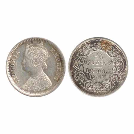 Victoria Empress, Silver ¼ Rupee, 1877, Bombay Mint, B/I/dot (PR 409). About Extremely Fin