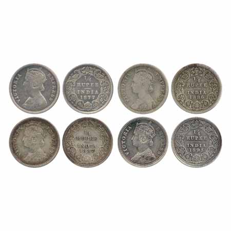 Victoria Empress, Silver ¼ Rupees (4), 1877, Calcutta Mint, B/I/no mm (PR 382), 1886, 1887