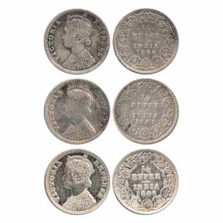 Victoria Empress, Silver ¼ Rupees (3), 1886, 1887, Bombay Mint, C/II/'B' raised (PR 419,42