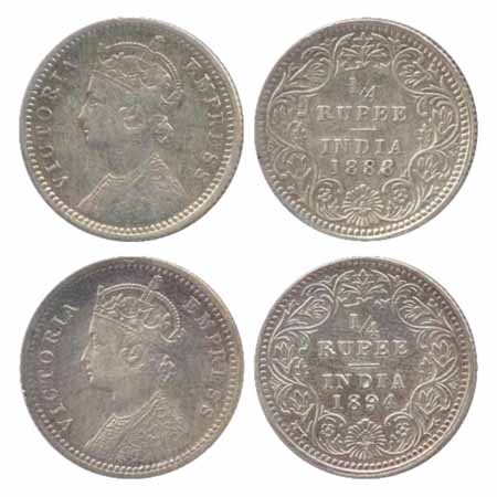 Victoria Empress, Silver ¼ Rupees (2), 1888, Calcutta Mint, C/II/no mm (PR 393), 1894, Cal