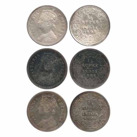 Victoria Empress, Silver ¼ Rupees (3), 1893, 1894 and 1896, Calcutta Mint, C/II/'C' incuse