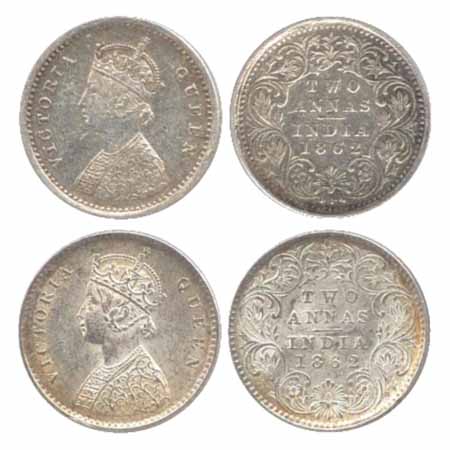 Victoria Queen, Silver 2 Annas (2), 1862, Bombay Mint, A/I (PR486), 1862, Calcutta Mint, A