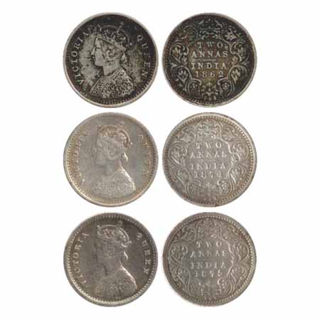 Victoria Queen, Silver 2 Annas (3), 1862, Bombay Mint, A/I (PR 486), 1874, Bombay Mint, A/