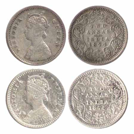 Victoria Queen / Empress, Silver 2 Annas (2), 1874, Bombay Mint, A/I (PR 516), 1878, Calcu