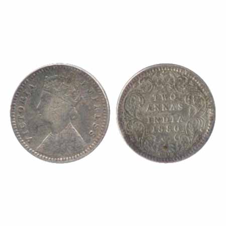 Victoria Empress, Silver 2 Annas, 1880, Calcutta Mint, B/II/'C' incused, (PR 495). About V