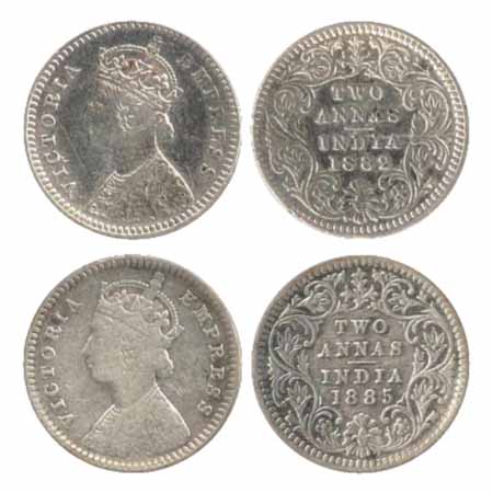 Victoria Empress, Silver 2 Annas (2), 1882 and 1885, Calcutta Mint, B/II/'C' incused (PR 4