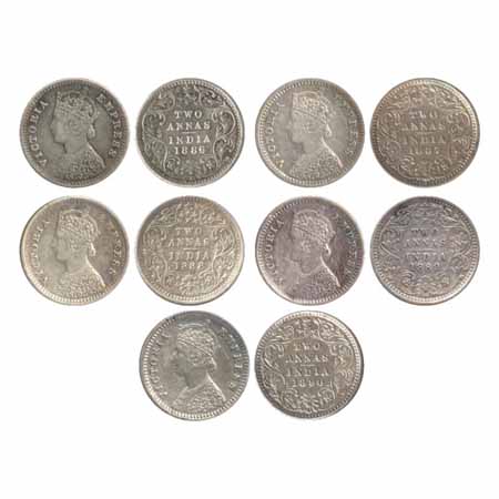 Victoria Empress, Silver 2 Annas (5), 1886, 1887, 1888, 1889, 1890, Bombay Mint, B/II/'B' 