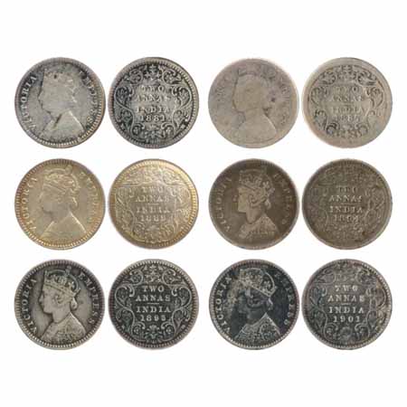 Victoria Empress, Silver 2 Annas (6), 1881, 1887, 1889, 1894, 1895 and 1901, Calcutta Mint