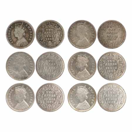 Victoria Empress, Silver 2 Annas (6), 1888, 1890, 1891, 1892, 1897 and 1898, Bombay Mint, 