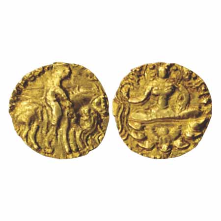 Bhanugupta Prakashaditya (c. 450-500AD), Gold Dinar of 'horseman-lion slayer' type, Alteka