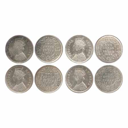 Victoria Empress, Silver 2 Annas (4), 1894, 1896, 1897, Bombay Mint, B/II/'B' incused (PR 