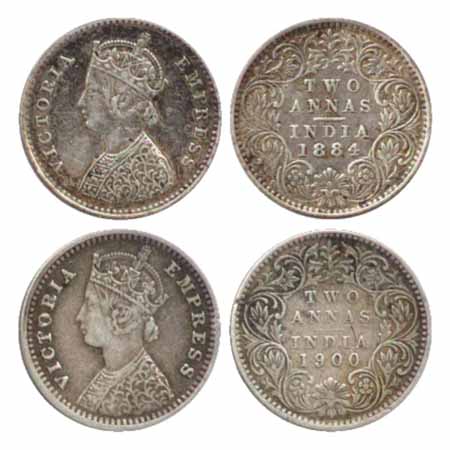 Victoria Empress, Silver 2 Annas (2), 1884, Bombay Mint, A/I/no mm (PR 531), 1900, Bombay 