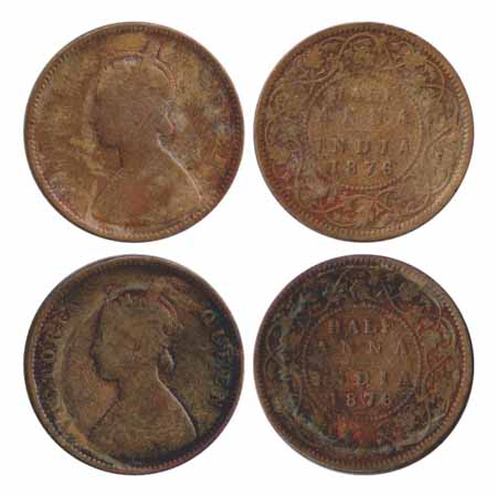 Victoria Queen, Copper ½ Annas (2), 1876, Calcutta Mint, bust 'B' (PR 583). (2 Coins) Fine