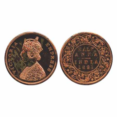 Victoria Empress, Copper ½ Anna, Proof, 1891, Bombay Mint, bust 'B' mint state. Re-Strike 