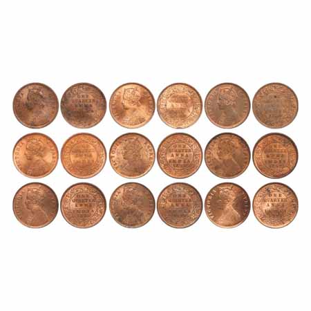 Victoria, Queen/ Empress, Copper Coins (9) 1/4 Anna 1862, 1880, 1884, 1889, 1891, 1892, 18